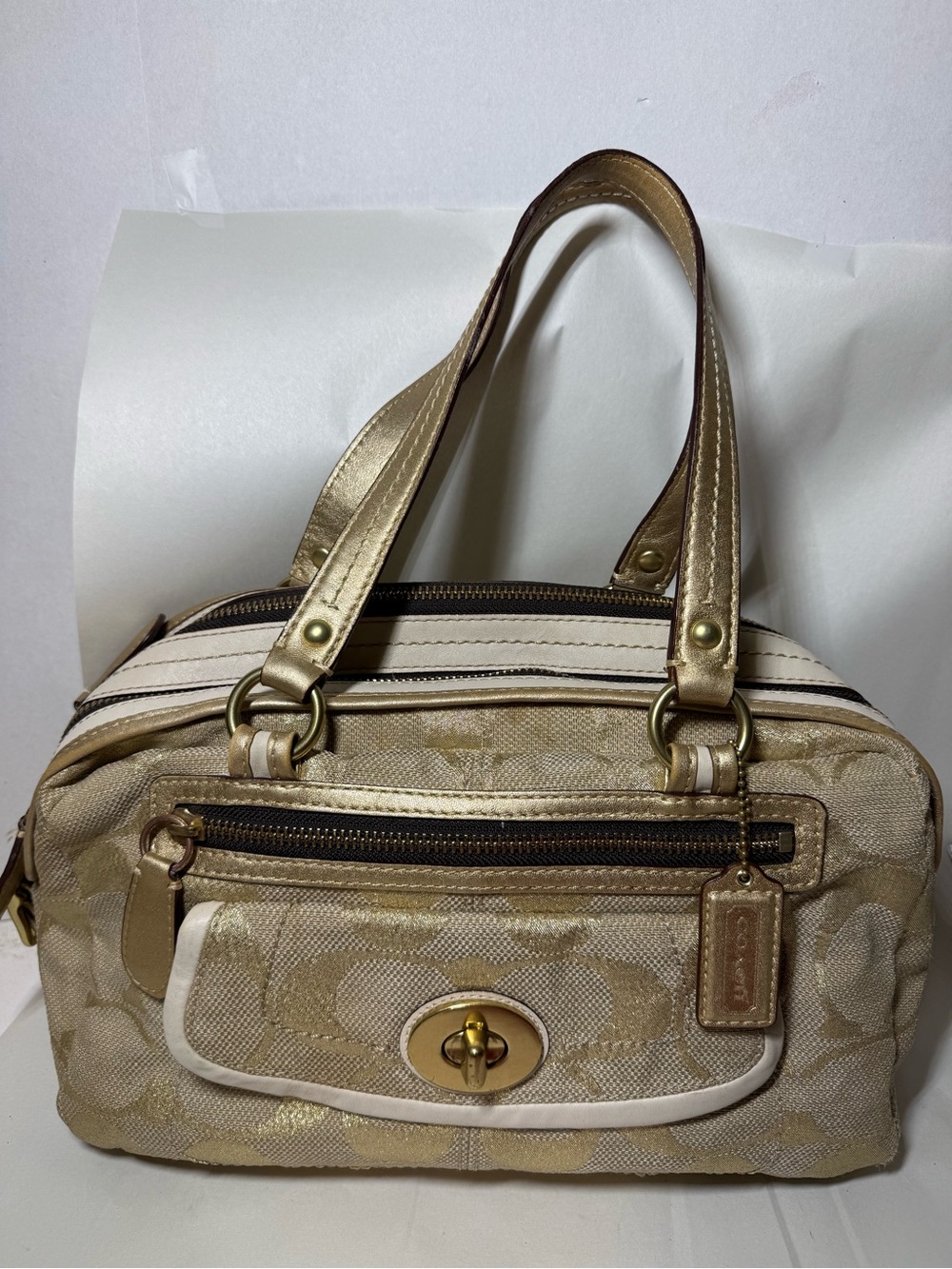 Vintage Coach Signature Bonnie Lurex Linen Satchel Gold Bag 13502